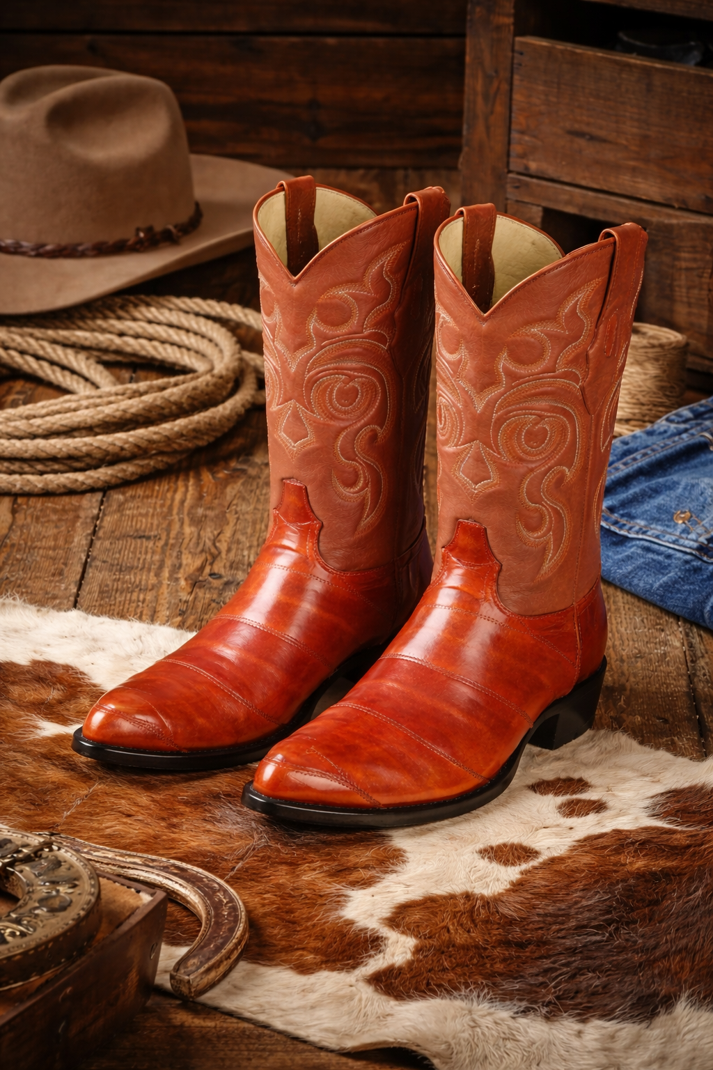 Men's Cognac Eel Skin Cowboy Boots: Genuine Leather Western Dress Boots by Los Altos-New Designer Collection - 6