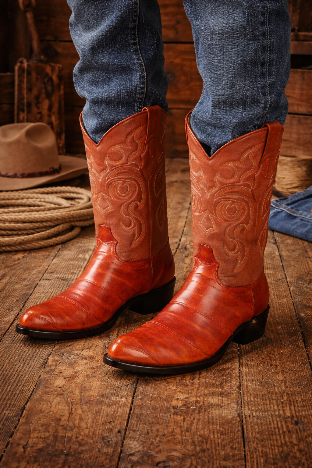 Men's Cognac Eel Skin Cowboy Boots: Genuine Leather Western Dress Boots by Los Altos-New Designer Collection - 6
