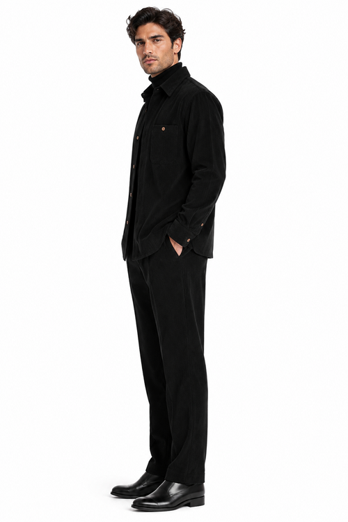 Mens Corduroy Shirt and Pants Walking Suit in Winter Cotton Fabric Casual in Color Black leisure Style