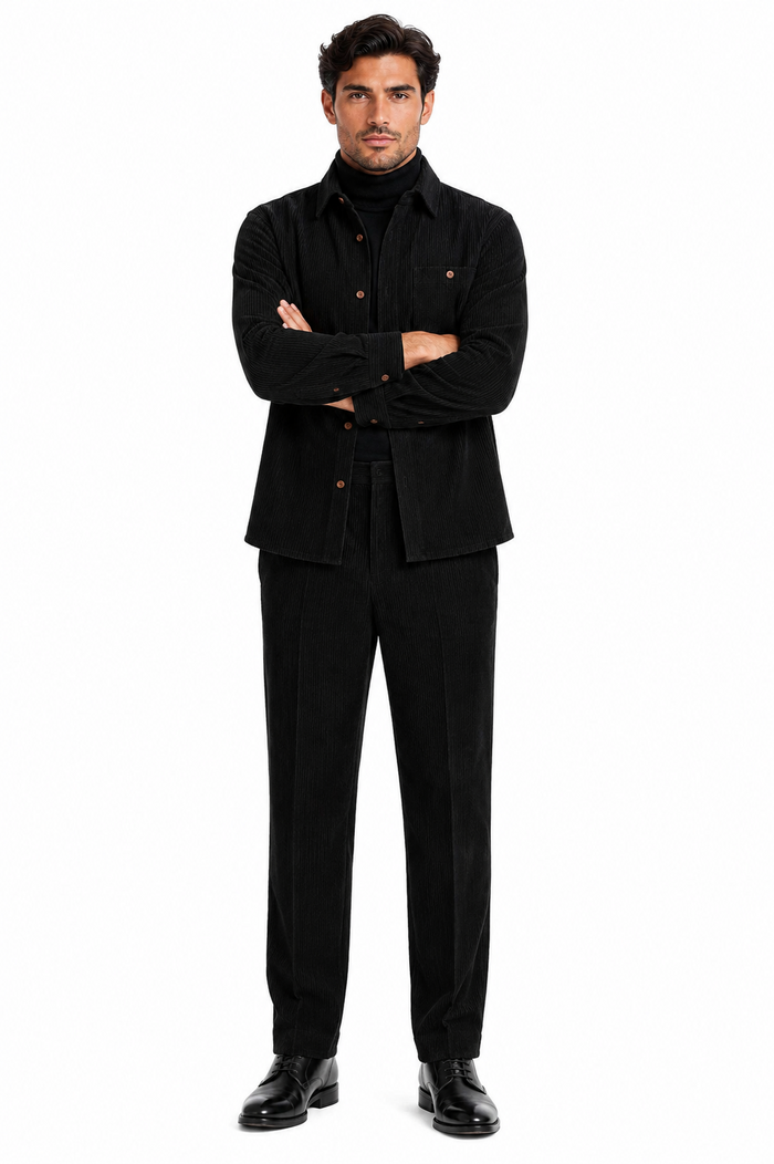 Mens Corduroy Shirt and Pants Walking Suit in Winter Cotton Fabric Casual in Color Black leisure Style