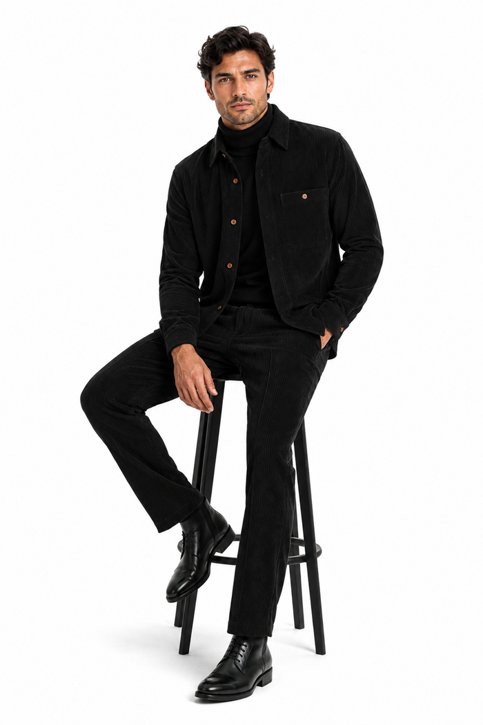 Mens Corduroy Shirt and Pants Walking Suit in Winter Cotton Fabric Casual in Color Black leisure Style