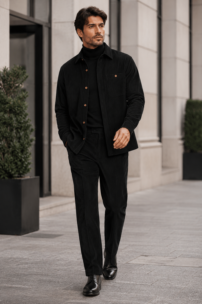 Mens Corduroy Shirt and Pants Walking Suit in Winter Cotton Fabric Casual in Color Black leisure Style