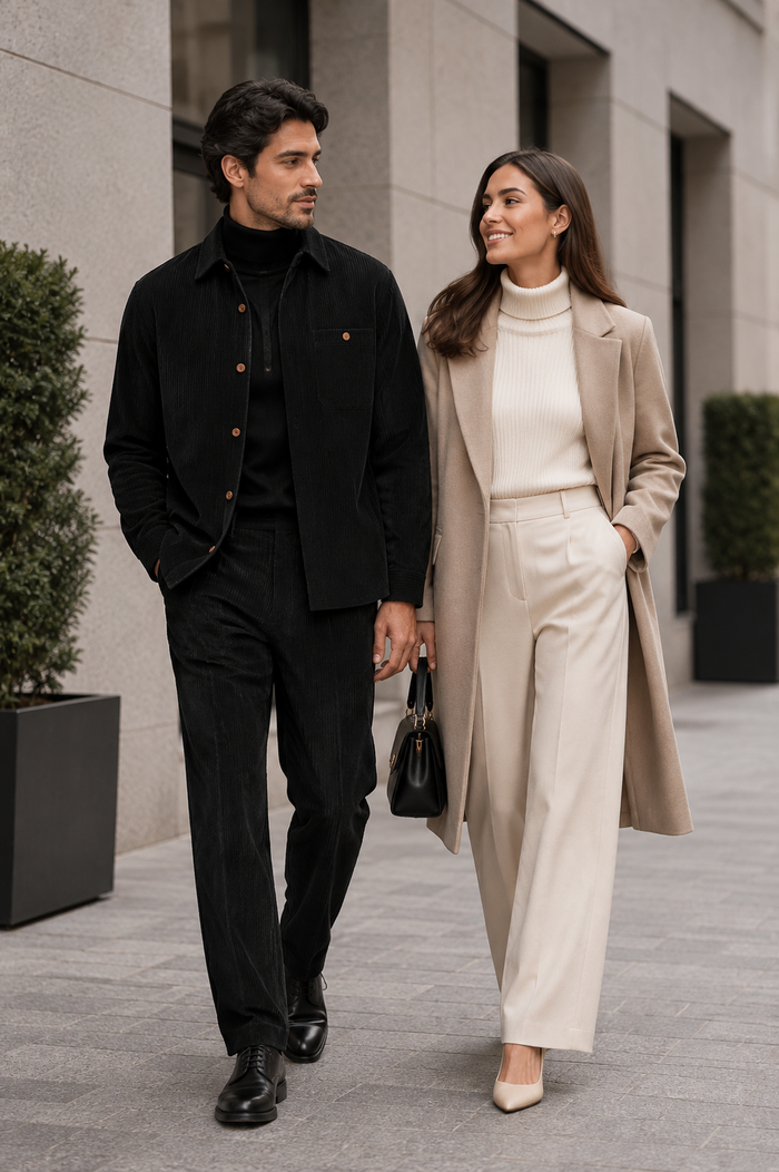 Mens Corduroy Shirt and Pants Walking Suit in Winter Cotton Fabric Casual in Color Black leisure Style