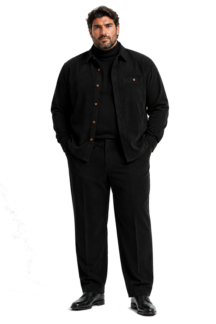 Mens Corduroy Shirt and Pants Walking Suit in Winter Cotton Fabric Casual in Color Black leisure Style