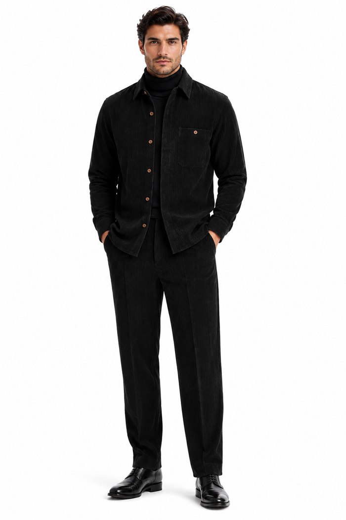 Mens Corduroy Shirt and Pants Walking Suit in Winter Cotton Fabric Casual in Color Black leisure Style