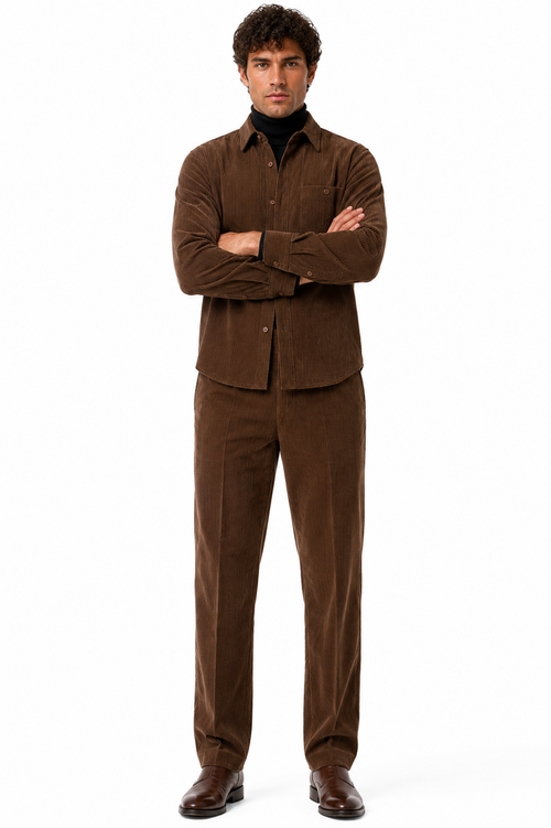 Men's Corduroy Shirt and Pants Walking Suit in Winter Cotton Fabric Casual in Color Brown leisure Style