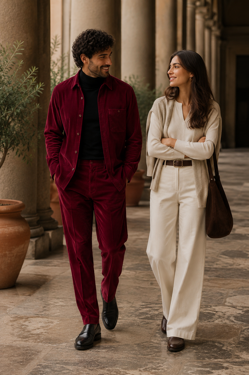 Mens Corduroy Shirt and Pants Walking Suit in Winter Cotton Fabric Casual in Color Burgundy leisure Style