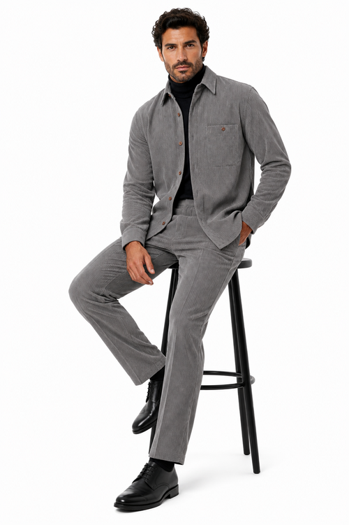 Mens Corduroy Shirt and Pants Walking Suit in Winter Cotton Fabric Casual in Color Grey leisure Style