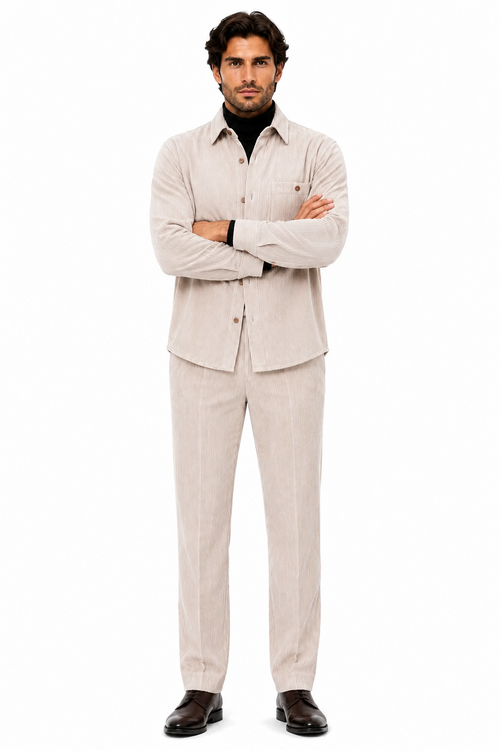 Men's Corduroy Shirt and Pants Walking Suit in Winter Cotton Fabric Casual in Color Shell Tan Sand Natural leisure Style