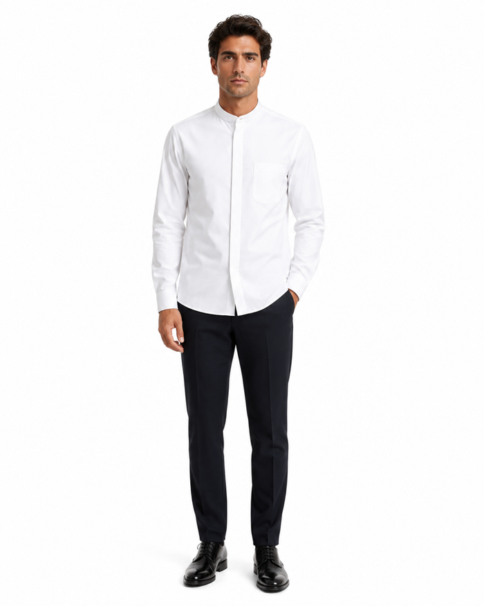 "White Men's Classic French Front Dress Shirt with Banded Collar"