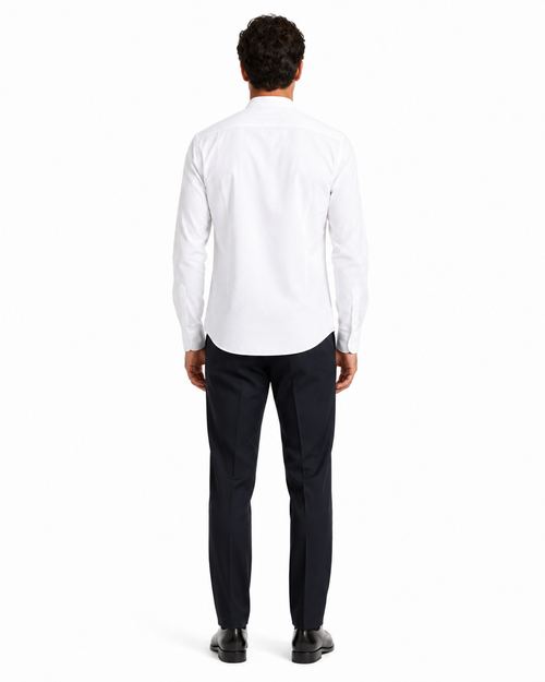 "White Men's Classic French Front Dress Shirt with Banded Collar"