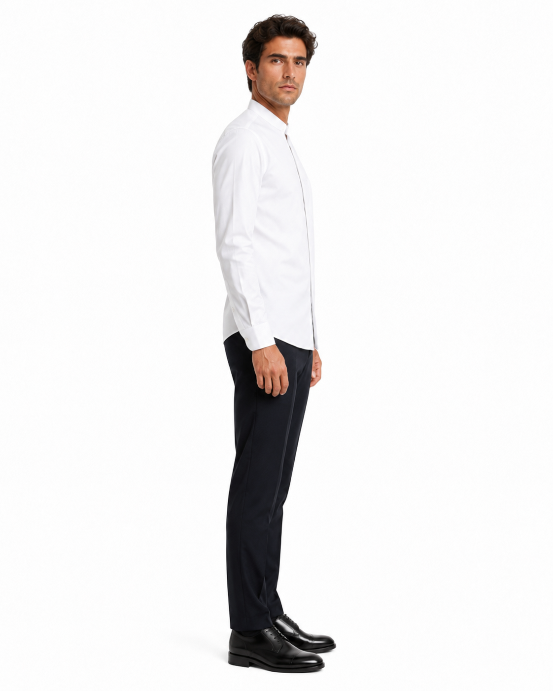 "White Men's Classic French Front Dress Shirt with Banded Collar"