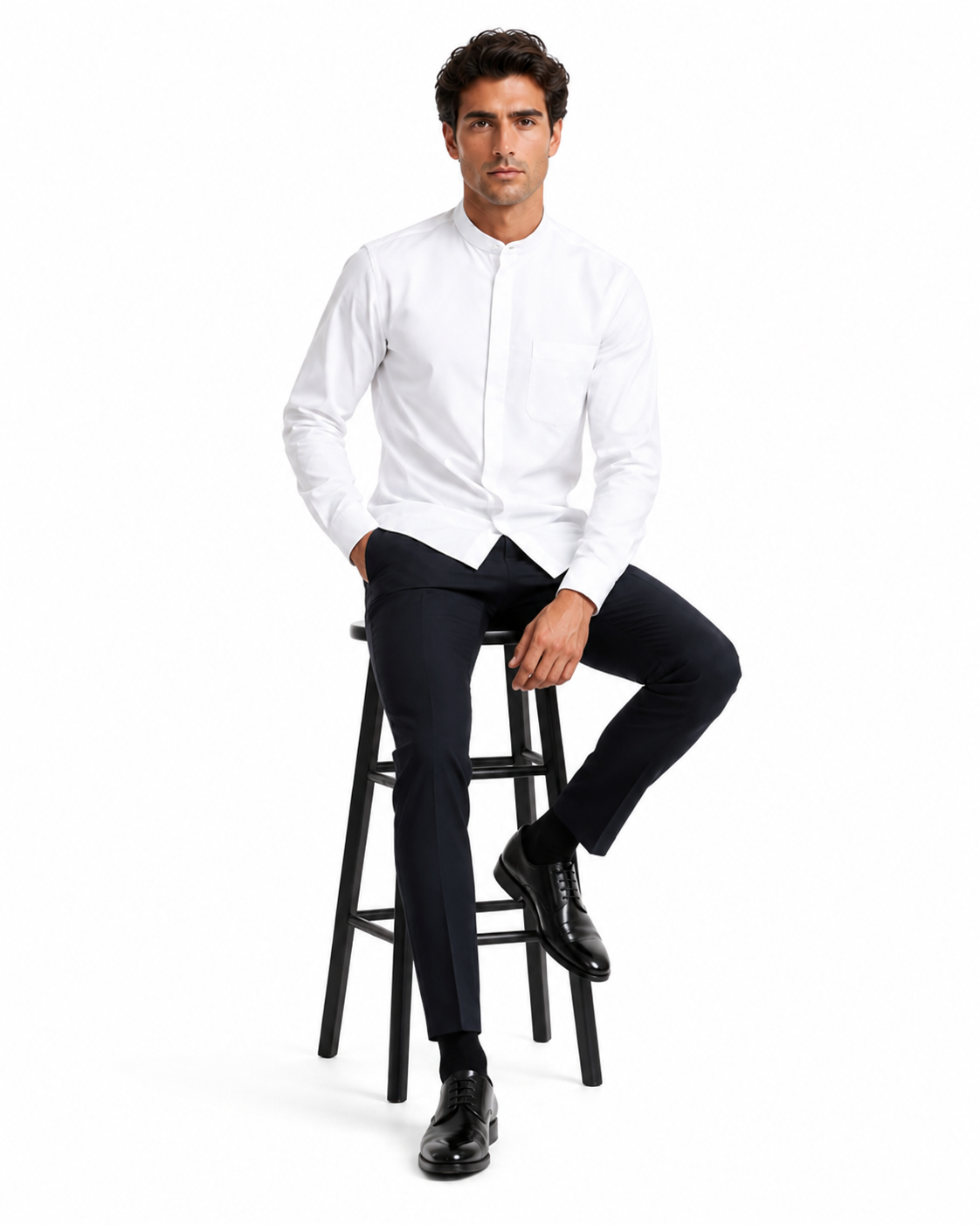 "White Men's Classic French Front Dress Shirt with Banded Collar"