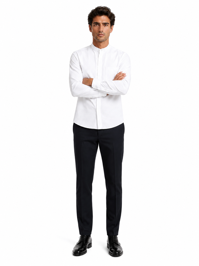 "White Men's Classic French Front Dress Shirt with Banded Collar"