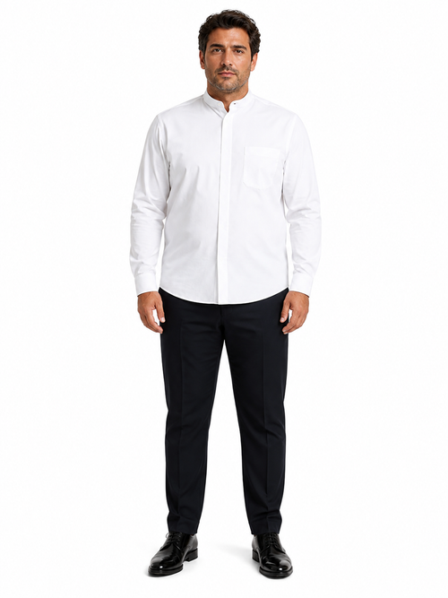 "White Men's Classic French Front Dress Shirt with Banded Collar"