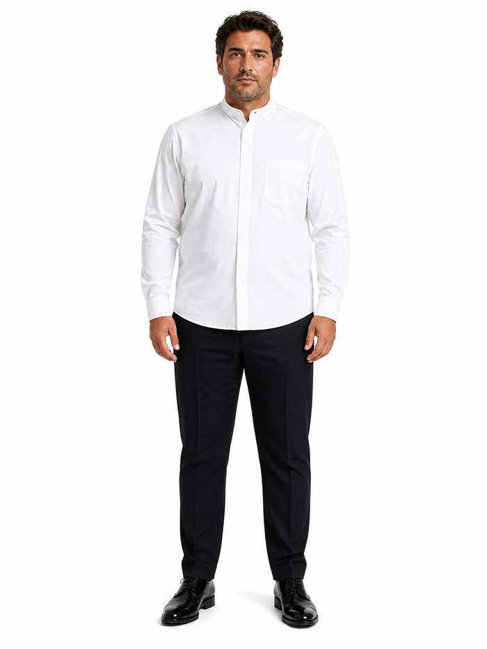 "White Men's Classic French Front Dress Shirt with Banded Collar"