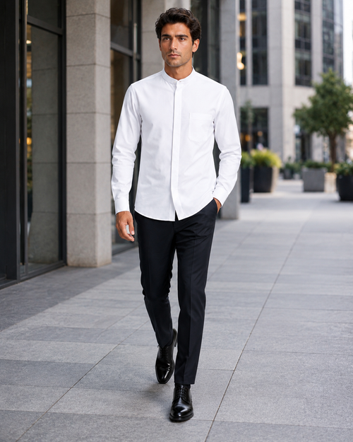 "White Men's Classic French Front Dress Shirt with Banded Collar"