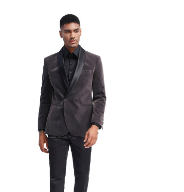 Mens Charcoal Gray Velvet Tuxedo Suit – Luxury Formal Wedding Suit with Black Shawl Lapel for Prom, Party Black Pants - 34 Short or Extra Small