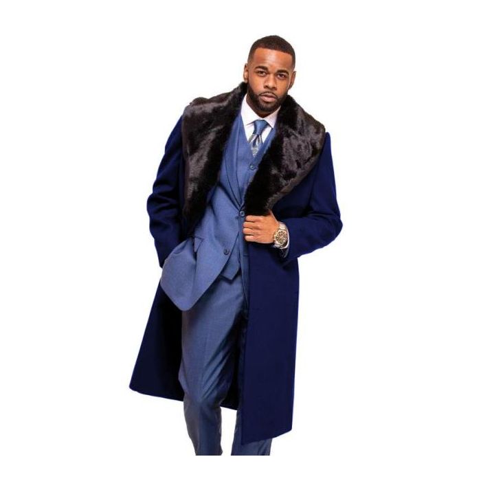 Mens Navy Blue Overcoat ~ Long Dress Topcoat - Winter Coat With Fur Collar