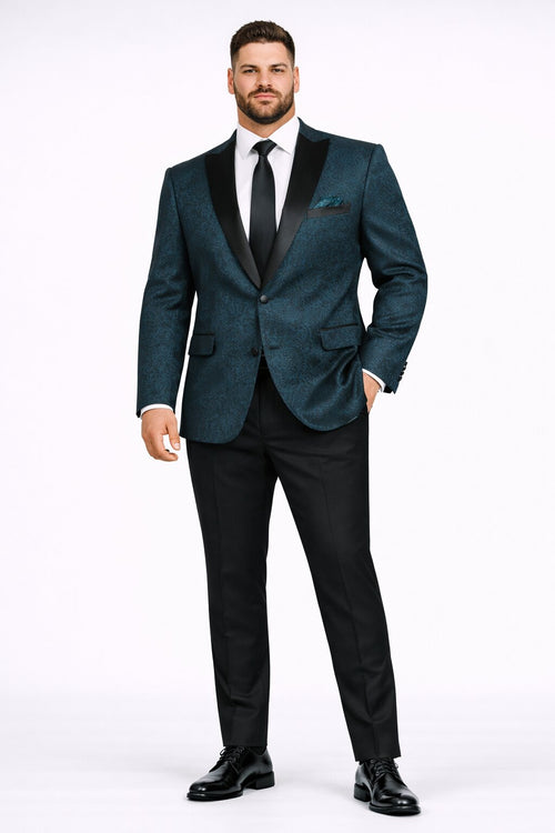 Mens 2 Button Satin Peak Lapel Paisley Prom 2026 Blazer in Dark Teal