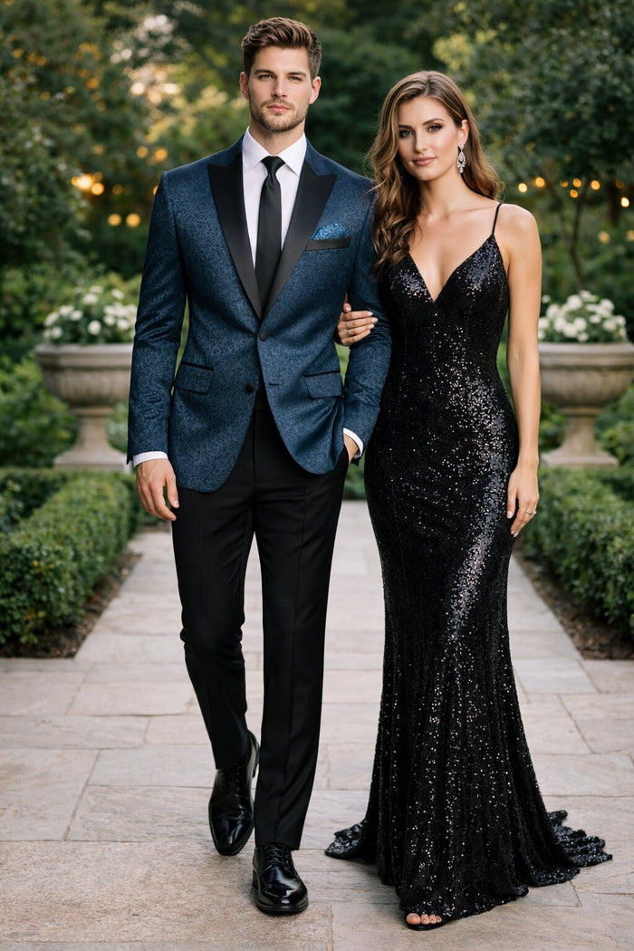 Mens 2 Button Satin Peak Lapel Paisley Prom 2026 Blazer in Dark Teal