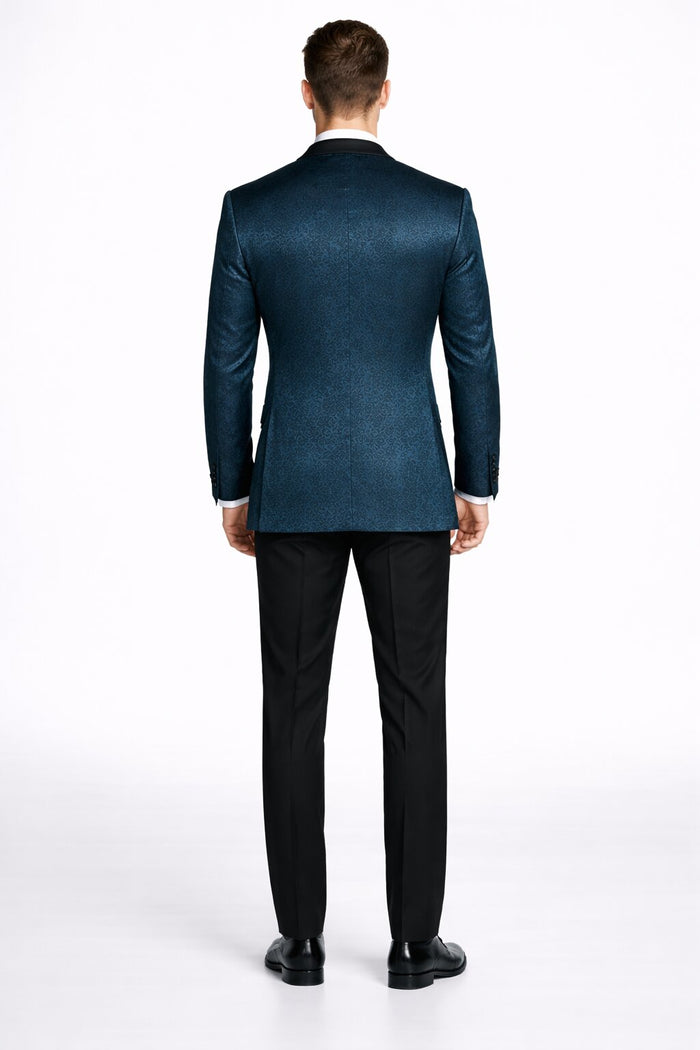 Mens 2 Button Satin Peak Lapel Paisley Prom 2026 Blazer in Dark Teal