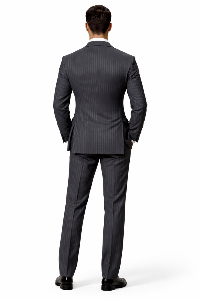 Men's Designer Classic Fit Double Breasted Wool Pinstripe Suit in Charcoal Grey