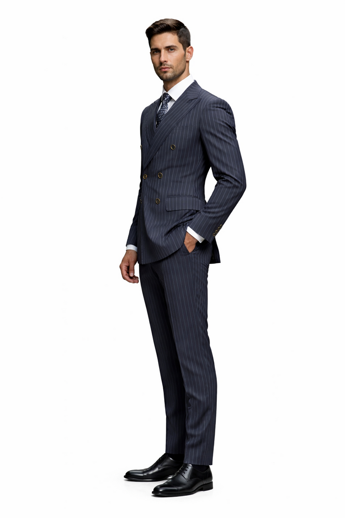 Men's Designer Classic Fit Double Breasted Wool Pinstripe Suit in Charcoal Grey