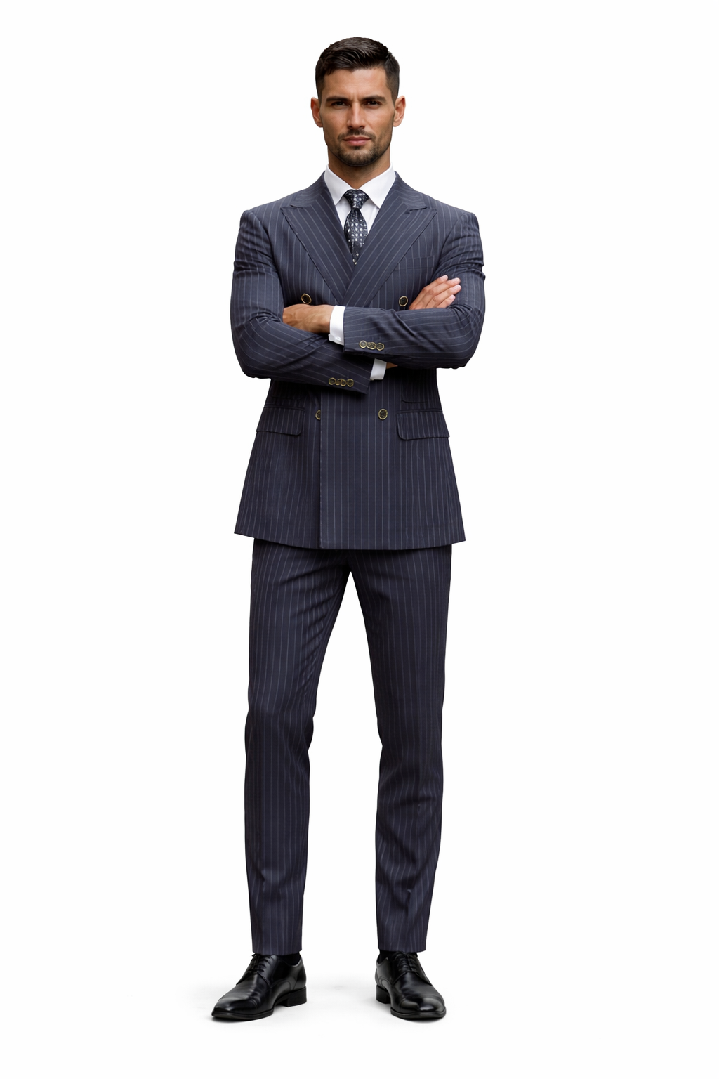 Men's Designer Classic Fit Double Breasted Wool Pinstripe Suit in Charcoal Grey
