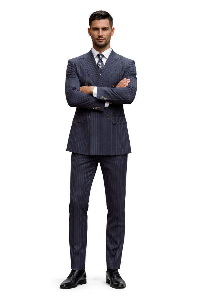 Men's Designer Classic Fit Double Breasted Wool Pinstripe Suit in Charcoal Grey