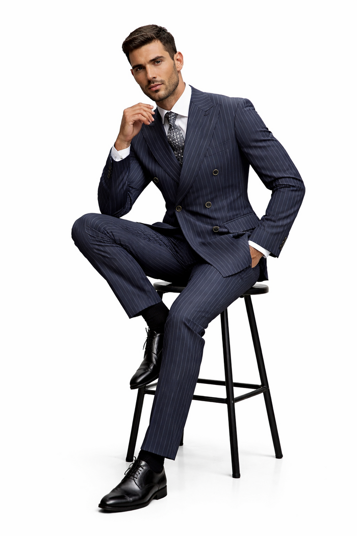 Men's Designer Classic Fit Double Breasted Wool Pinstripe Suit in Charcoal Grey
