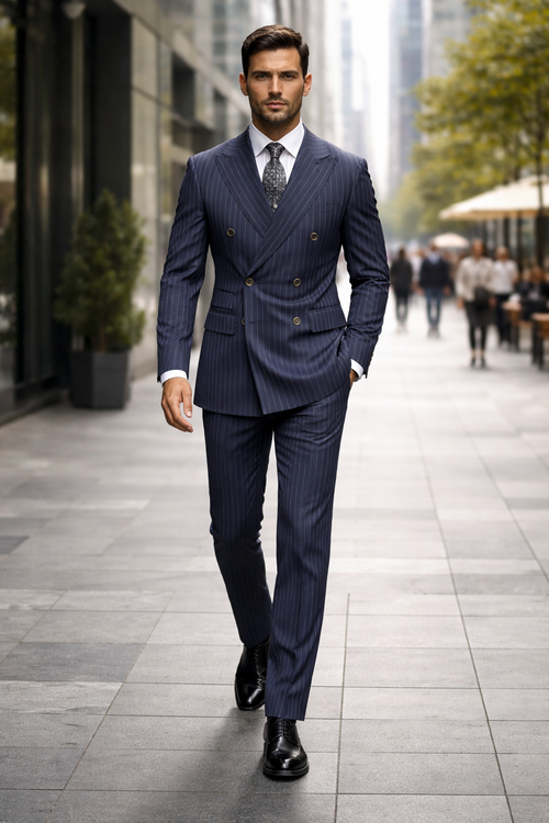 Men's Designer Classic Fit Double Breasted Wool Pinstripe Suit in Charcoal Grey