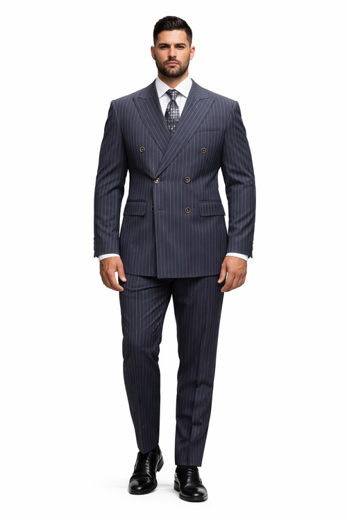 Men's Designer Classic Fit Double Breasted Wool Pinstripe Suit in Charcoal Grey