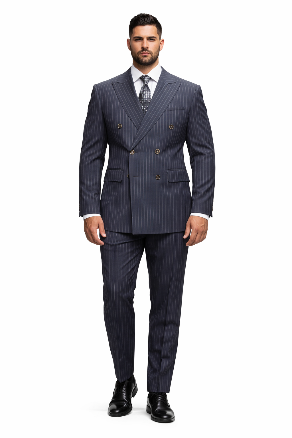 Men's Designer Classic Fit Double Breasted Wool Pinstripe Suit in Charcoal Grey