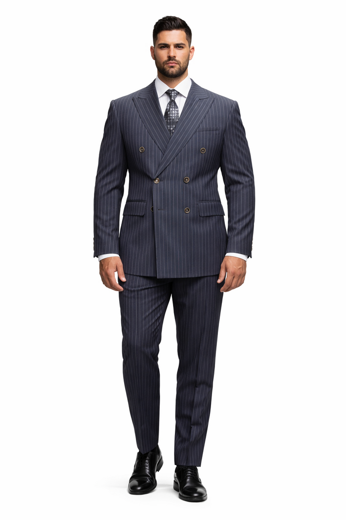 Men's Designer Classic Fit Double Breasted Wool Pinstripe Suit in Charcoal Grey
