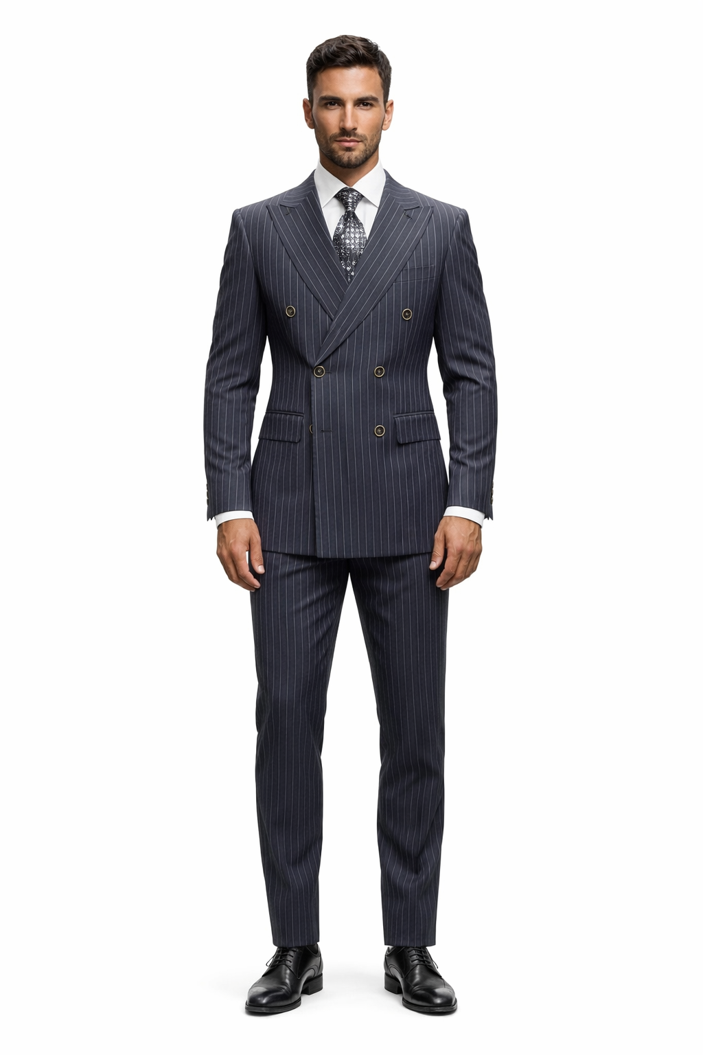 Men's Designer Classic Fit Double Breasted Wool Pinstripe Suit in Charcoal Grey