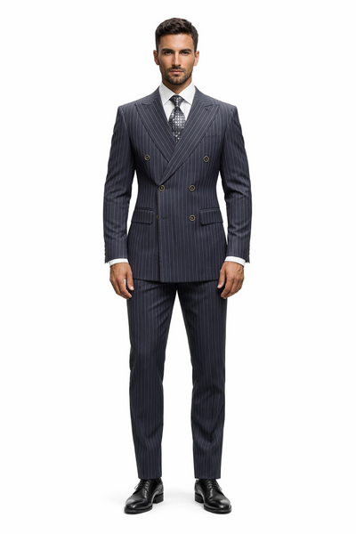 Men's Designer Classic Fit Double Breasted Wool Pinstripe Suit in Charcoal Grey