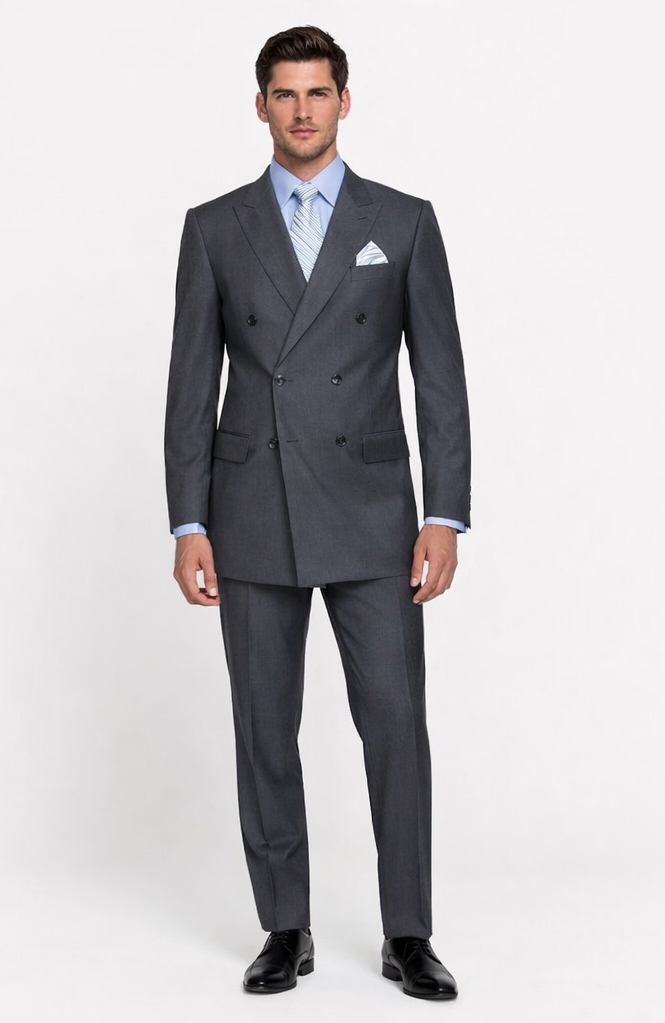 Men's Designer Double Breasted Wool Suit in Charcoal Grey