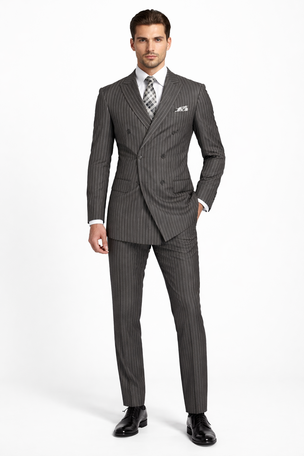 Men's Designer Double Breasted Wool Suit in Bold Grey Gangster Pinstripe. - 36 Short