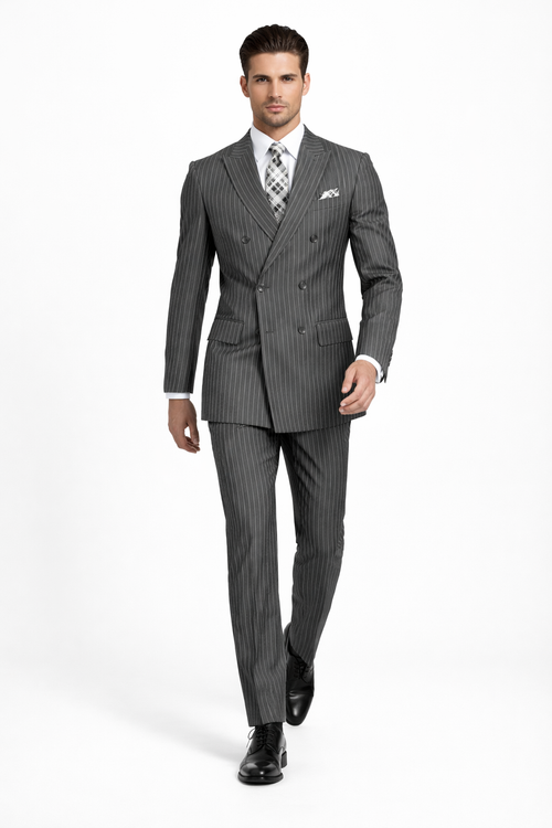 Men's Designer Double Breasted Wool Suit in Bold Grey Gangster Pinstripe.