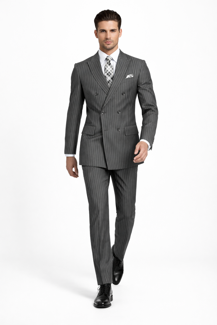 Men's Designer Double Breasted Wool Suit in Bold Grey Gangster Pinstripe.
