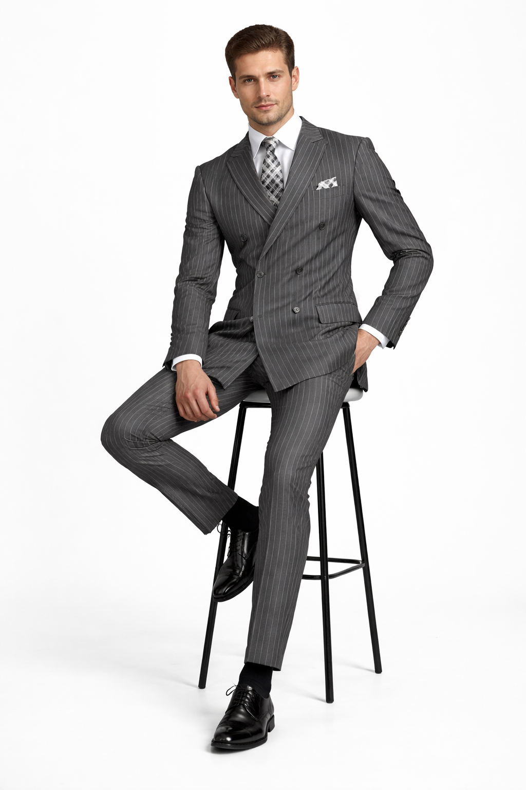Men's Designer Double Breasted Wool Suit in Bold Grey Gangster Pinstripe.