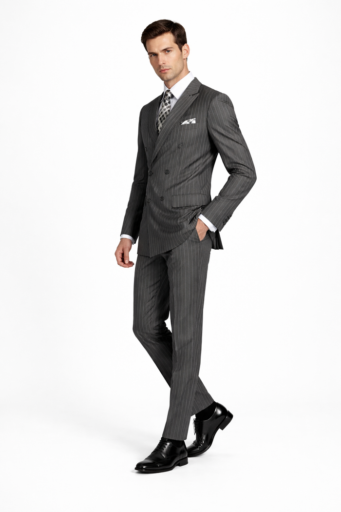 Men's Designer Double Breasted Wool Suit in Bold Grey Gangster Pinstripe.
