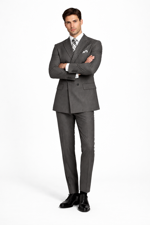 Men's Designer Double Breasted Wool Suit in Bold Grey Gangster Pinstripe.