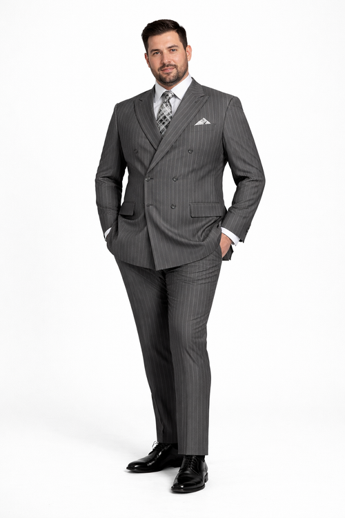 Men's Designer Double Breasted Wool Suit in Bold Grey Gangster Pinstripe.