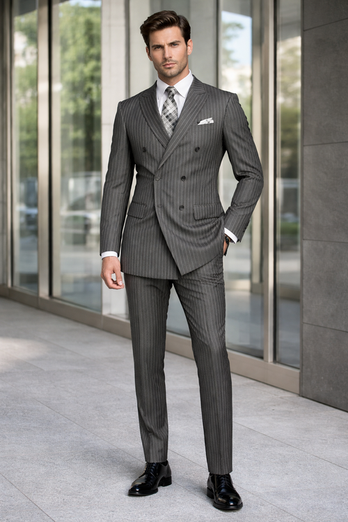 Men's Designer Double Breasted Wool Suit in Bold Grey Gangster Pinstripe.