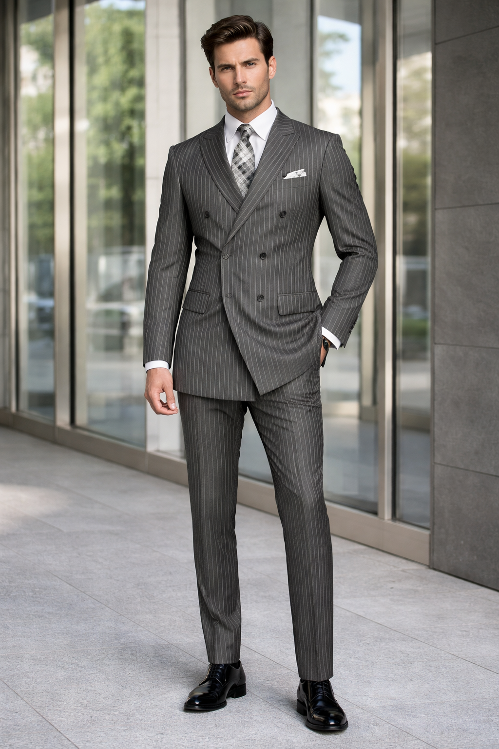 Men's Designer Double Breasted Wool Suit in Bold Grey Gangster Pinstripe.