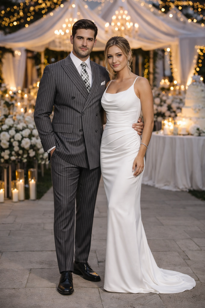 Men's Designer Double Breasted Wool Suit in Bold Grey Gangster Pinstripe.