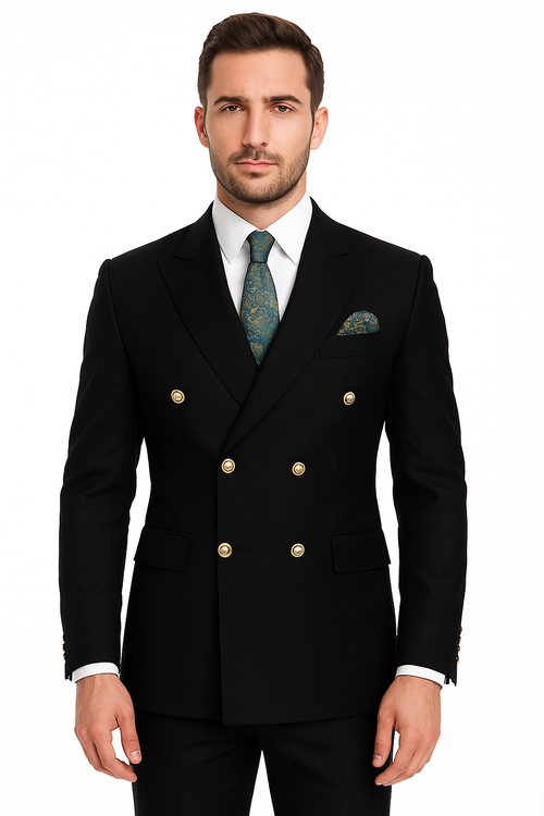 Mens Designer Double Breasted Wool Suit with Gold Buttons in Navy - New Arrival
