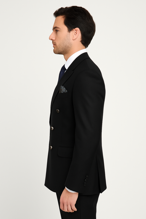 Mens Designer Double Breasted Wool Suit with Gold Buttons in Navy - New Arrival